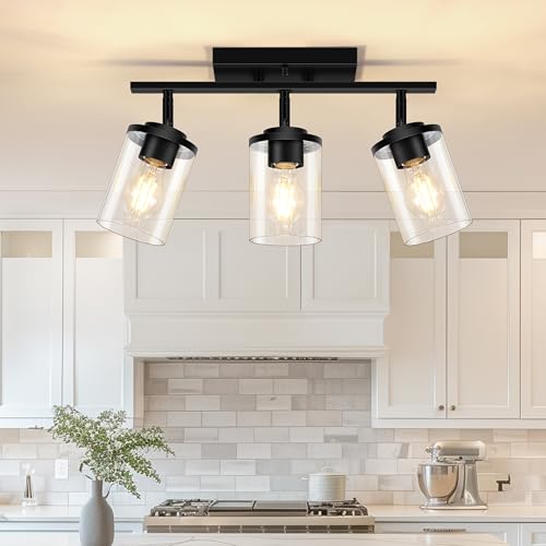 Black 3-Light Semi Flush Ceiling Light with Glass Shades - Adjustable Track Mount