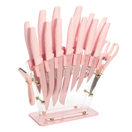 Pink Paris Hilton 16-Piece Knife Block Set with Fan Style Acrylic Organizer & Stainless Steel Blades