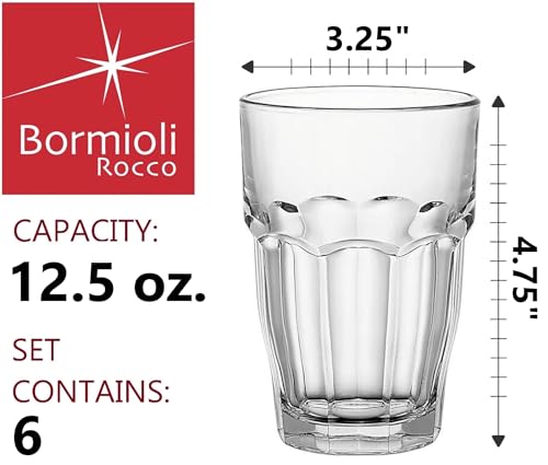 Bormioli Rocco Rock Bar 12.5oz Clear Stackable Drinking Glasses Set of 6 – Dishwasher Safe