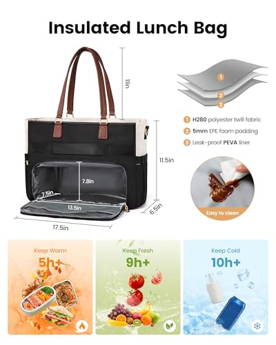 LOVEVOOK 15.6 Inch Insulated Lunch Tote Bag for Women with Large Capacity & Cup Holder - Beige-Black-Brown