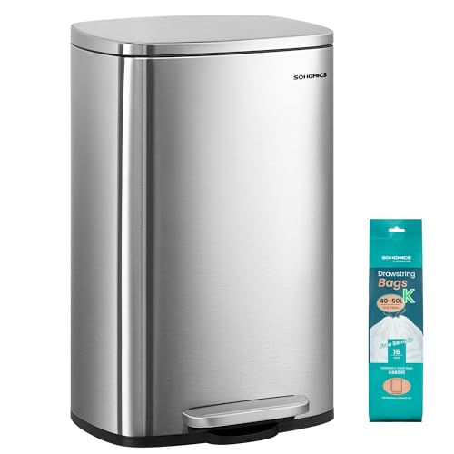 SONGMICS 13 Gallon (50 L) Trash Can, Stainless Steel, Step-On Pedal