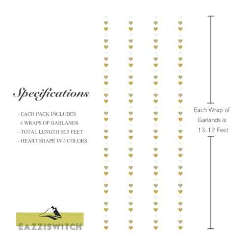 Gold Wedding Engagement Party Decorations: Champagne Glitter Hearts Banner Garland Streamers Backdrop for Bachelorette Bridal Baby Shower Anniversary Birthday Christmas Valentines Day D?cor - 52 Ft