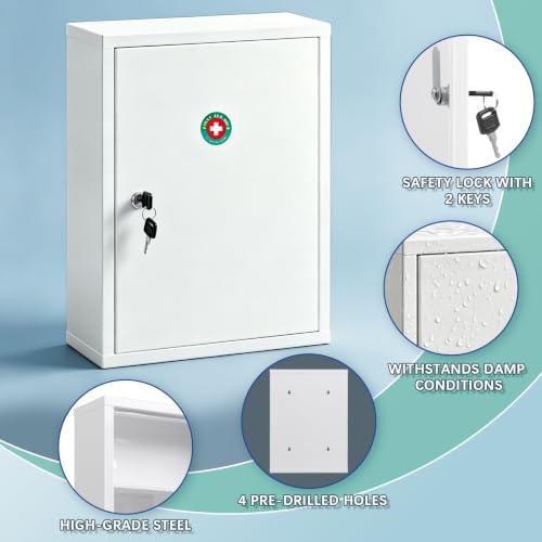 KYODOLED Rectangular Wall Mount Locking Medicine Cabinet with Keys, 15.75 Inch, White