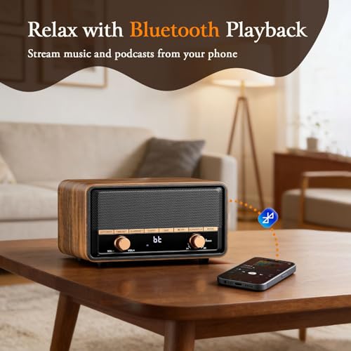 Vintage Wooden Bluetooth Clock Radio with AM/FM Reception - Deep Walnut