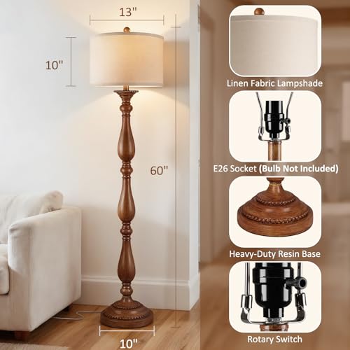 PARTPHONER Vintage Wood Grain Floor Lamp with Linen Shade, Rustic Farmhouse Standing Light for Living Room & Bedroom