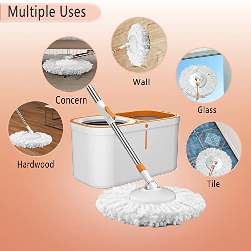 White & Orange 61-Inch Spin Mop and Bucket Set with 5 Refills, Wringer System