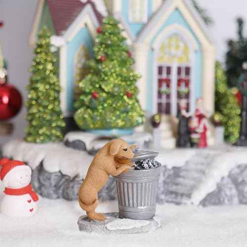 NINIPAPA Christmas Village Accessories Santa's Mailbox Village Town Pieces for Christmas Decoration, Cute Villages Resin Christmas Ornaments - Garbage Can Dog