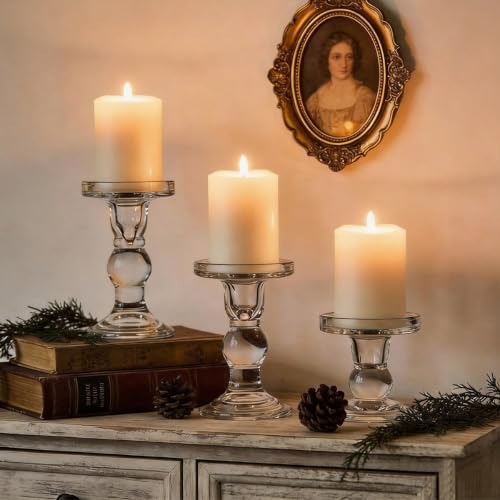 12 Pcs Clear Glass Candle Holders Set of 3 Heights - Pillar & Tealight Candlestick Holders