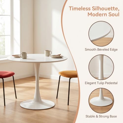 Trygoal White 31.5-Inch Mid-Century Tulip Round Dining Table with Metal Pedestal