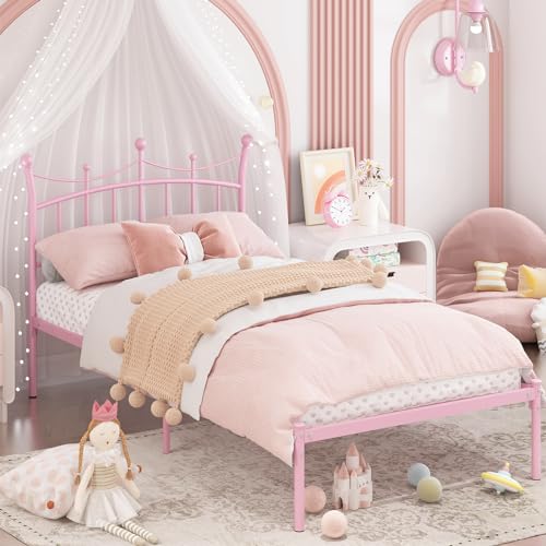 Pink Twin Bed Frame for Kids with Crown Headboard - Merronix Light Pink Twin Size Bed