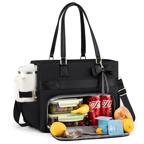 LOVEVOOK 15.6 Inch Laptop Tote Bag with Insulated Lunch Compartment, Black