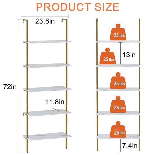 Wall Mount Ladder Shelf 5 Tiers White Marble Finish 2-Piece Modern Bookcase