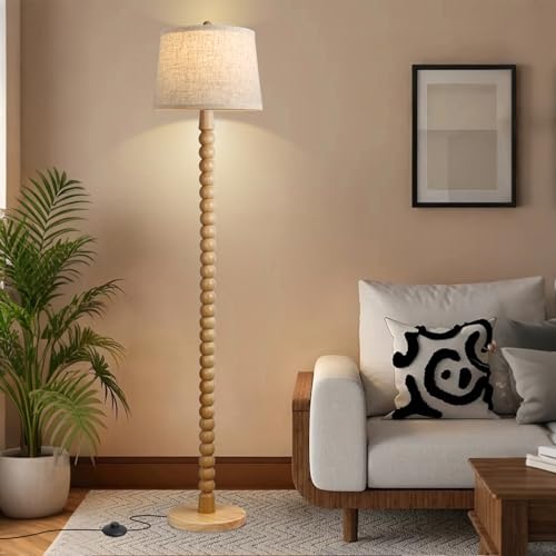 Ruiever Wooden Floor Lamp with 3 Color Changing Bulb - Farmhouse Tall Standing Lamp with Linen Shade, Real Wood Finish, for Living Room & Bedroom