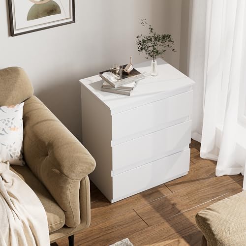 White Nightstand with 3 Drawers - Small Bedroom Side Table Storage