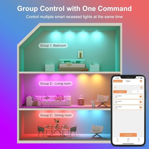 White SikSog 6 Inch RGB+CCT Smart Recessed LED Downlight, Dimmable, Alexa Compatible, 16W, 1350 Lumens, 6-Pack