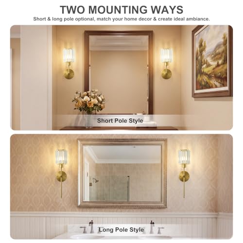 Brass Wall Sconce Set of 2 with Cylindrical Crystal Shade - Dimmable LED, 20.1 Inch