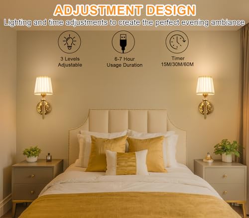 Ayzplbh Gold Rechargeable Wall Sconces Set of 2 with Dimmable LED Vintage Fabric Shades
