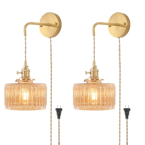 Vintage Wall Sconce Set of 2 with Amber Striped Glass Shade Plug-In Wall Lamps