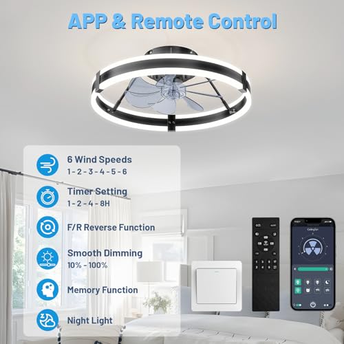 Black 19.7-Inch Low Profile Bladeless Ceiling Fan with Lights & Remote - Modern Design