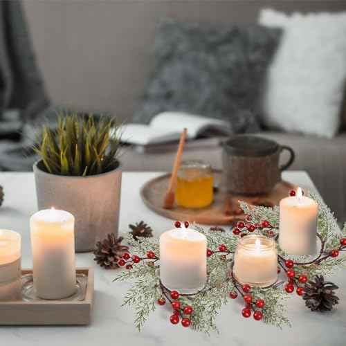 4PCS Christmas Candle Rings Wreaths, Christmas Candle Holder Pillar Candle Ring Artificial Berry Pine Branch Candlestick Garland for Table Decoration