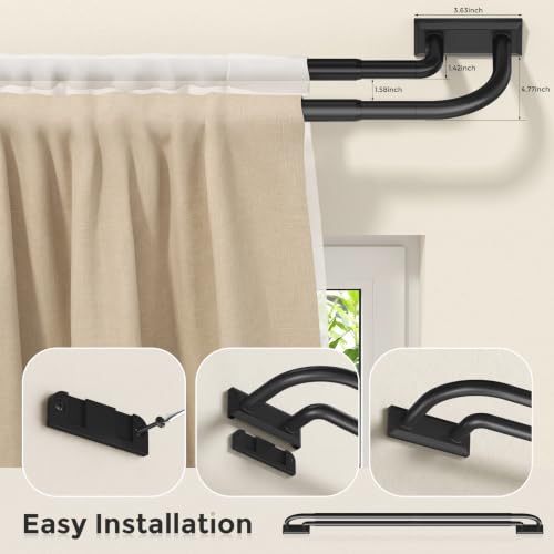 Black Wrap Around Double Curtain Rod 34-120 Inch - Adjustable, Heavy Duty