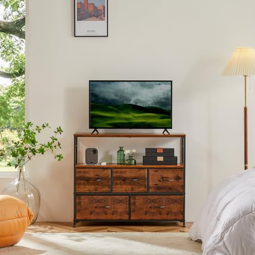 Brown 39.4" TV Stand Media Console with LED Power Station, 5 Drawers & Open Shelves