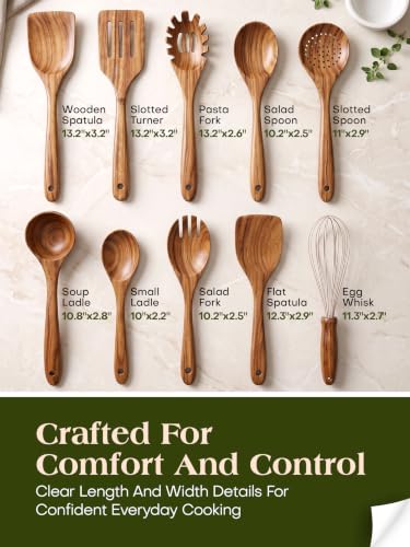 10 Pack Wooden Cooking Utensil Set - Teak Kitchen Tools Including Spatulas Whisk and Spaghetti Server