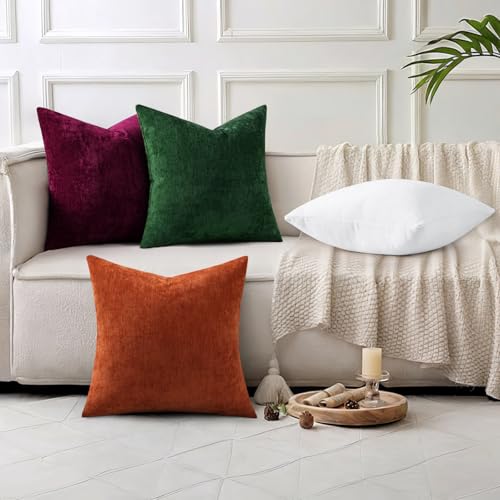 decorUhome Chenille Moss Green Fall Throw Pillow Covers 18x18 Inch Set of 2, Decorative Soft Couch Pillow Covers Solid Dyed Accent Velvet Farmhouse Neutral Square Christmas Pillow Cases for Sofa