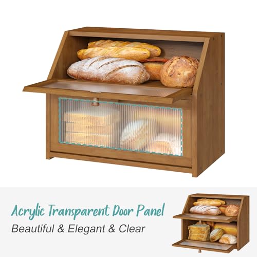 Large Brown Bamboo Double Layer Bread Box for Kitchen Counter - Vriccc