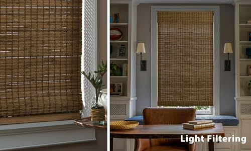 LazBlinds No Drill Bamboo Roman Shades 46.5" W x 48" H Eastfield Teak Light Filtering