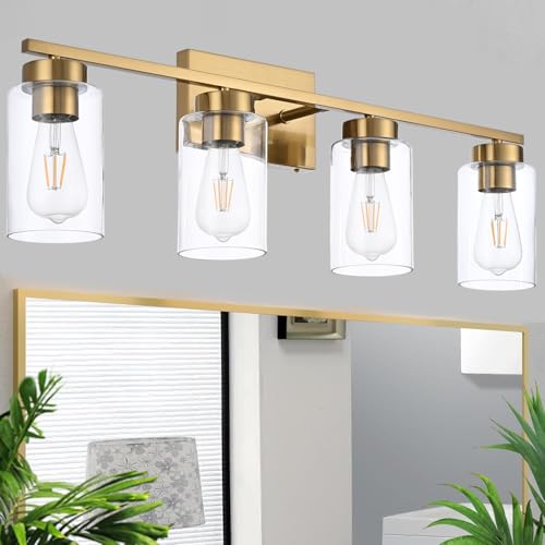 4-Light Bathroom Vanity Light Fixtures - Brushed Brass Wall Sconces with Clear Glass Shades - Gold, 4 Lights - Variation of THIS listing