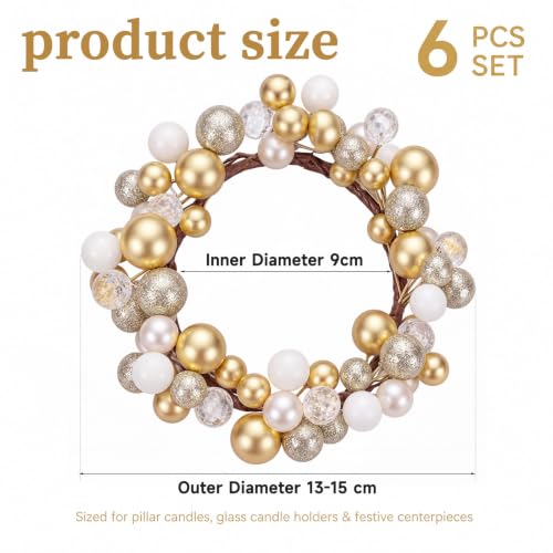 Luinabio 6 Pcs Christmas Candle Ring Set – Gold & White Mini Wreaths