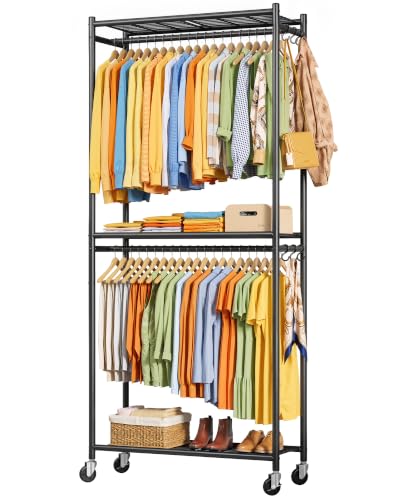 Large Black Clothes Rack with Shelves & Wheels - Multi-Functional Wardrobe Organizer