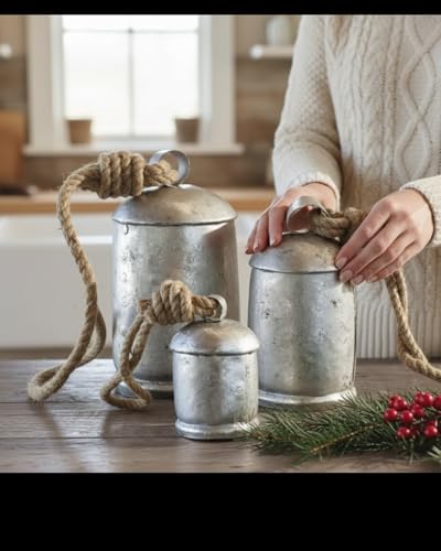 Rustic Silver Christmas Cow Bell Set of 3 - Hanging Wall Decor 4" 5" 8"