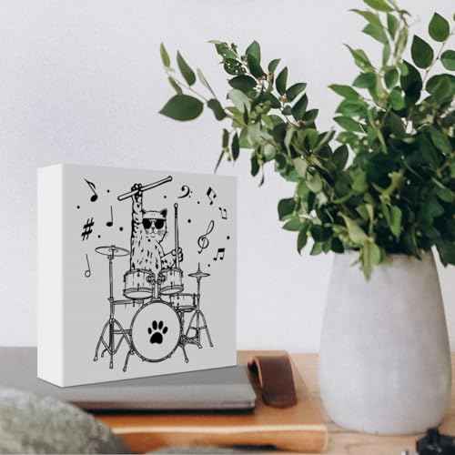Drummer Gifts for Men Women Boy Girl, Birthday Christmas Drumming Gifts for Drummer Kids Teen Boy Girl Drum Player, Cat Playing Drums, Drum Room Man Cave Music Room Studio Wooden Box Sign