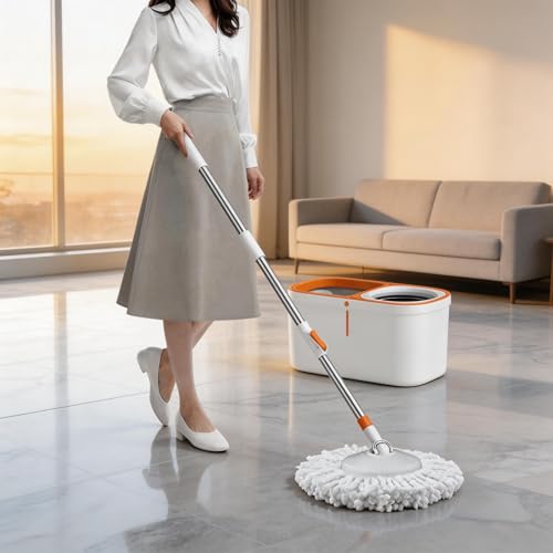 Spin Mop Set with 61-Inch Handle, 5 Refill Heads & Bucket System - Large Floor Cleaning Tool