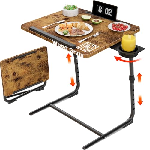 NUTIKAS Rustic Folding Adjustable TV Tray with Cup Holder - Wooden Snack Table for Couch, Bed, Living Room, 1 Pack