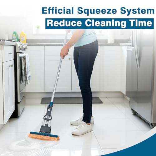 TreeLen Blue Sponge Mop for Floor & Wall Cleaning, Heavy Duty 50" Self-Squeeze Roller with 4 Cellulose Refills