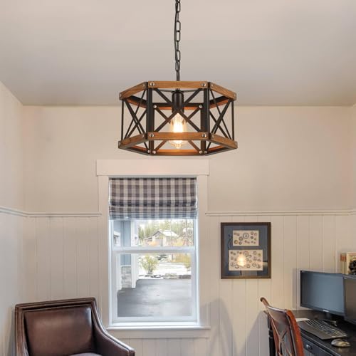 14.5 Inch Rustic Farmhouse Pendant Light Fixture with Adjustable Chain and Dimmable Switch - Black