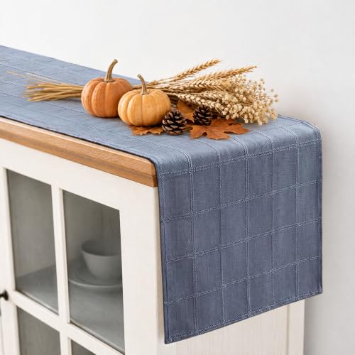 Yuboo Dusty Blue Checked Table Runner 13x72 Inch Fall Linen Blend Decor