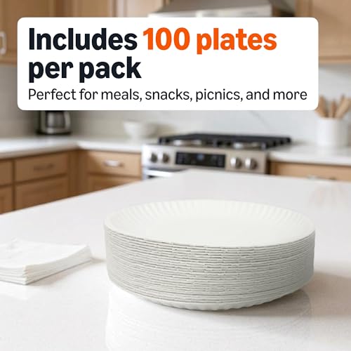 9-Inch Uncoated White Paper Plates - 1200 Count Pack of 12, Microwave Safe, Compostable