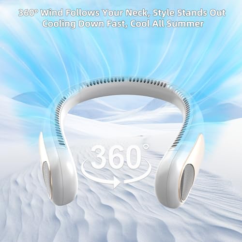 Namecute White Portable Neck Fan - 360° Bladeless Personal Wearable Cooler with LED Display, 4 Speeds, 6000mAh Rechargeable, Hands-Free Outdoor Indoor