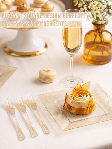 DaYammi 200Pcs Gold Disposable Dessert & Appetizer Plates with 100 Forks - Wedding & Party Set