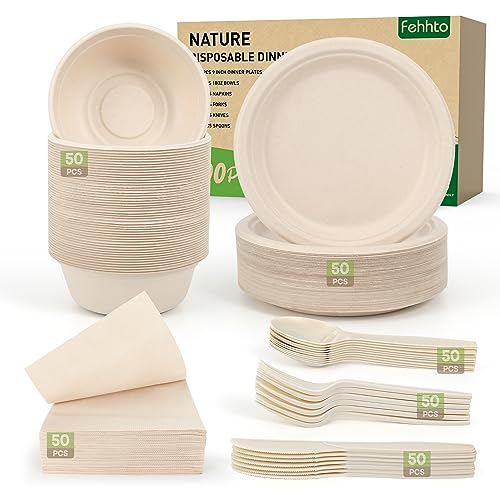 Brown Disposable Sugarcane Plates and Cutlery Set 300PCS Eco-Friendly Party Dinnerware