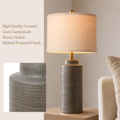 PARTPHONER 27-Inch Vintage Ceramic Table Lamp Set of 2 - Greyish Brown Farmhouse Nightstand Lamps with Ribbed Finish