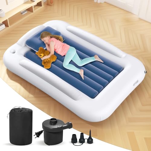 Inflatable Toddler Travel Bed - 60 Inch Portable Air Mattress with Safety Sides - Blue - Easy to Inflate with Pump & Carry Case
