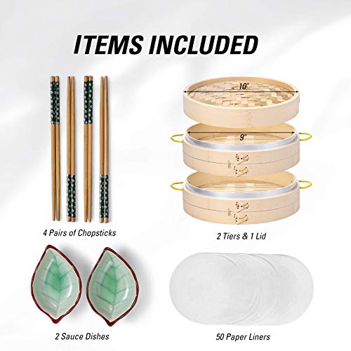 Bamboo Steamer Basket Set for Dim Sum Dumplings Vegetables - 10 Inch