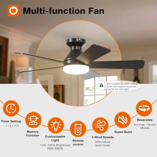 Black 42 Inch Modern Low Profile Ceiling Fan with Lights & Remote