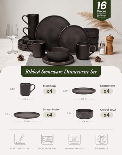 OTAGO Matte Reactive Black 16-Piece Dinnerware Set for 4 with Mugs, Stoneware Plates & Bowls
