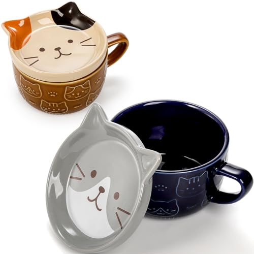 Cute Ceramic Cat Mug Set with Lids and Coasters - 10oz Kawaii Coffee & Tea Cups for Cat Lovers